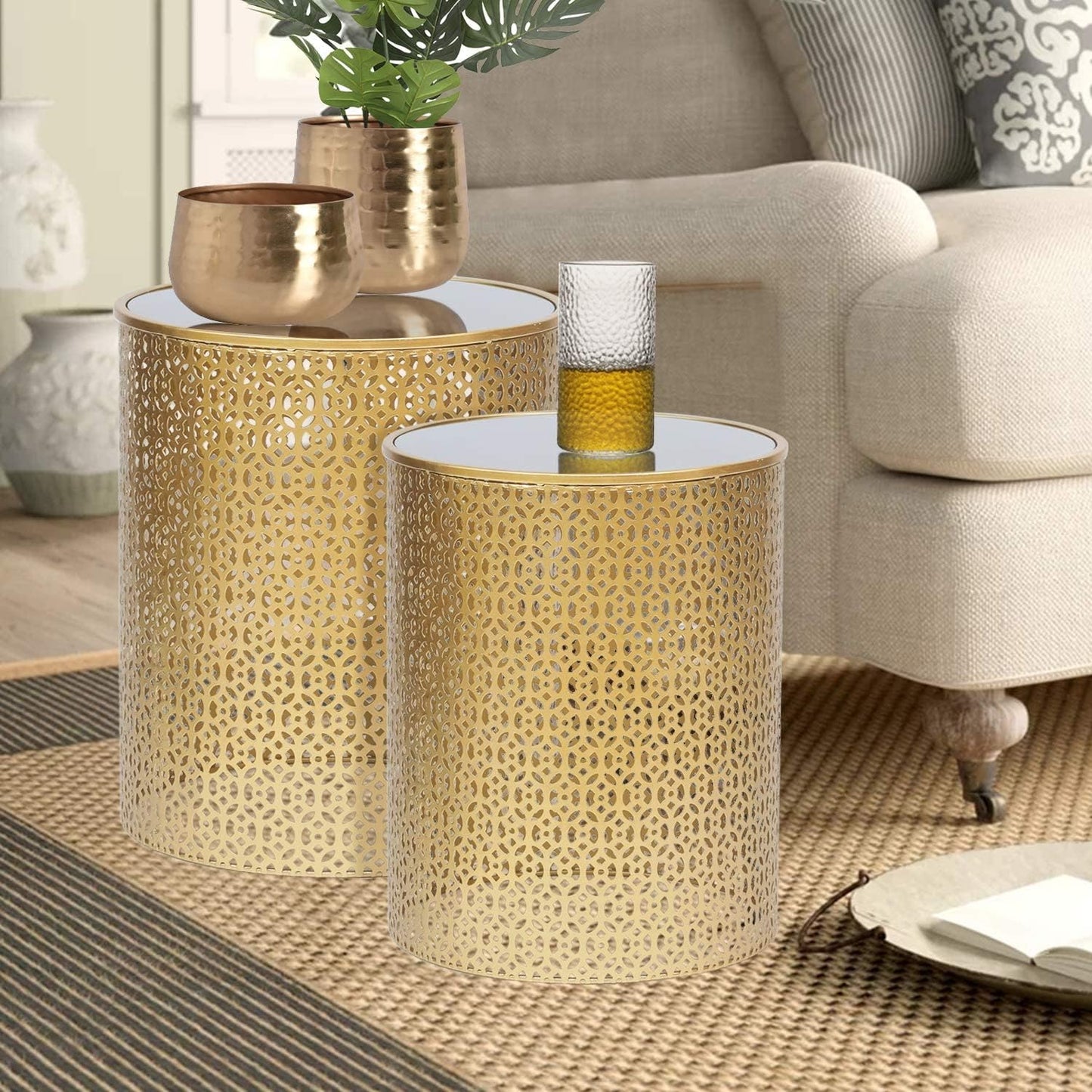 End Tables Set of 2- Coffee Tables round Mid Century Nightstands Stools- Nesting Side Tables for Living Room Bedroom and Entryway