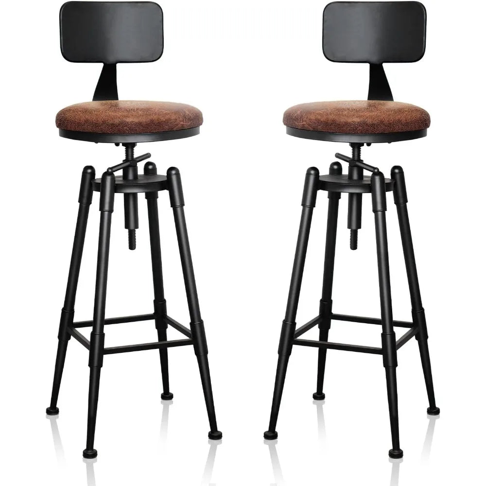 Adjustable Vintage Leather Metal Bar Stools Set