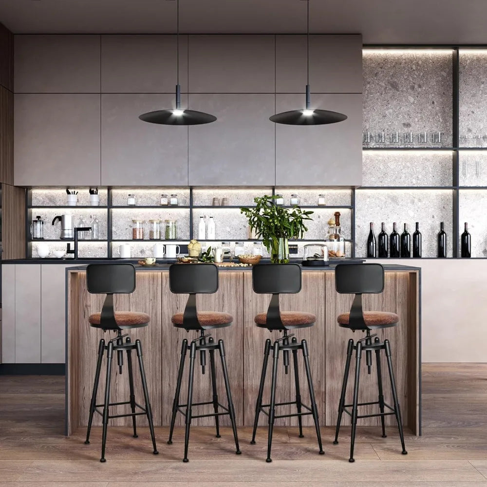Adjustable Vintage Leather Metal Bar Stools Set