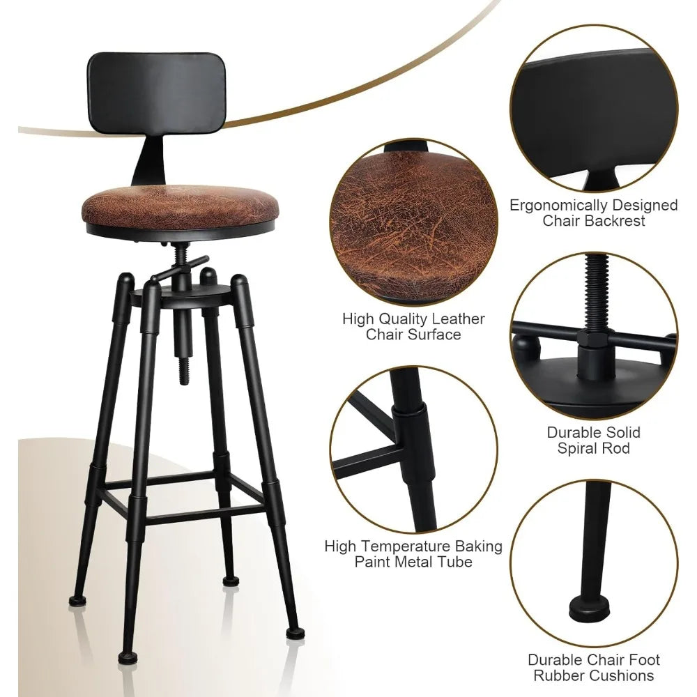 Adjustable Vintage Leather Metal Bar Stools Set