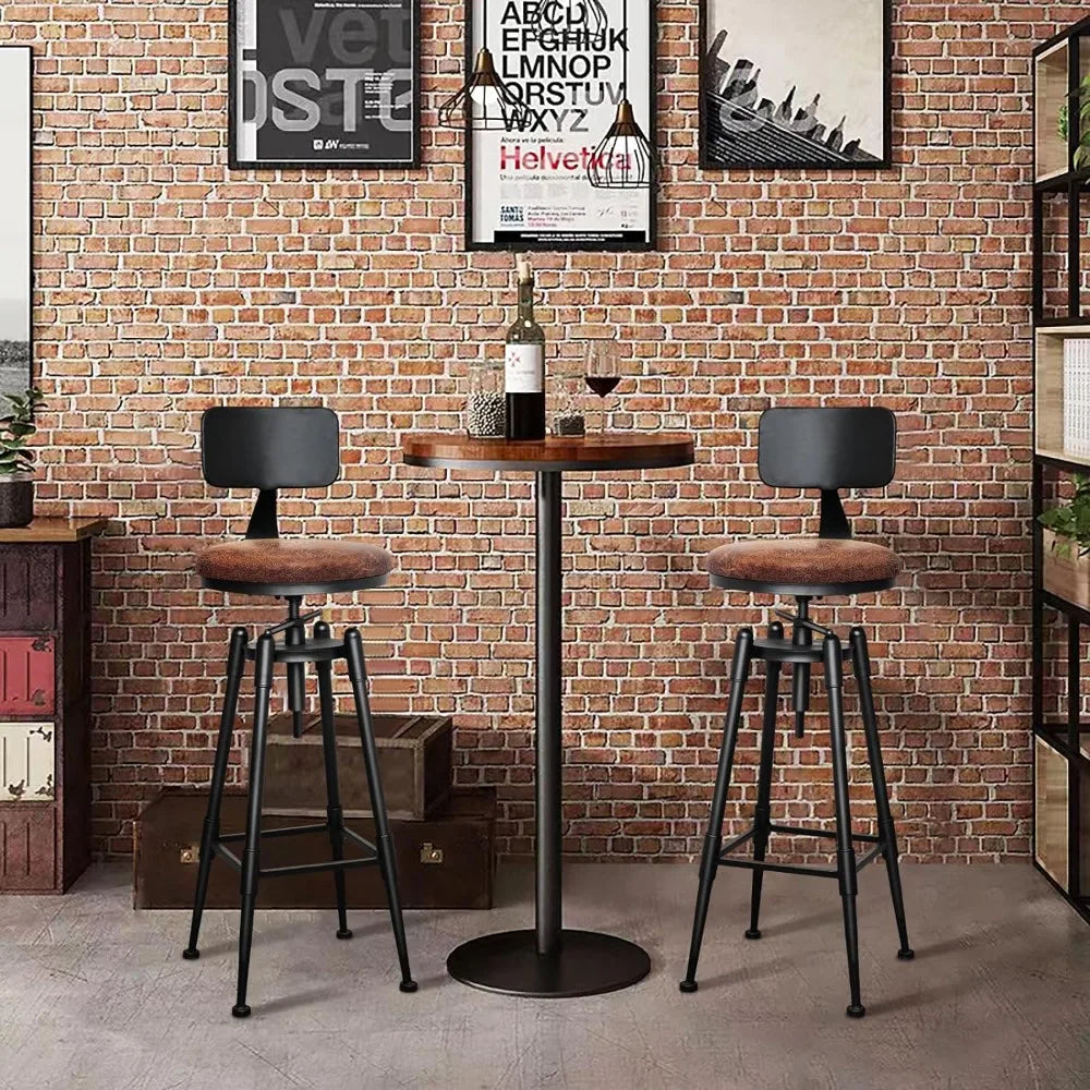 Adjustable Vintage Leather Metal Bar Stools Set