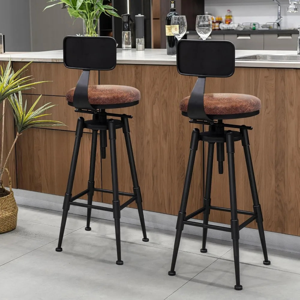 Adjustable Vintage Leather Metal Bar Stools Set