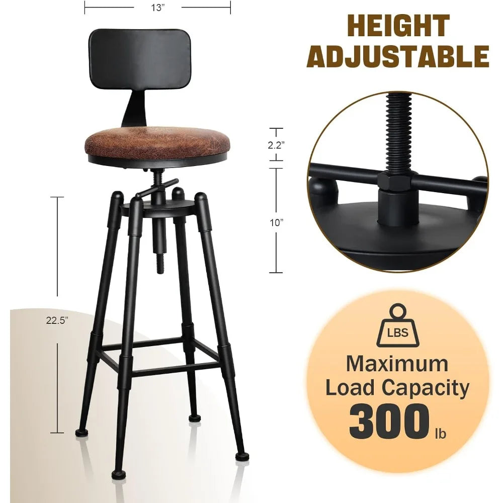 Adjustable Vintage Leather Metal Bar Stools Set
