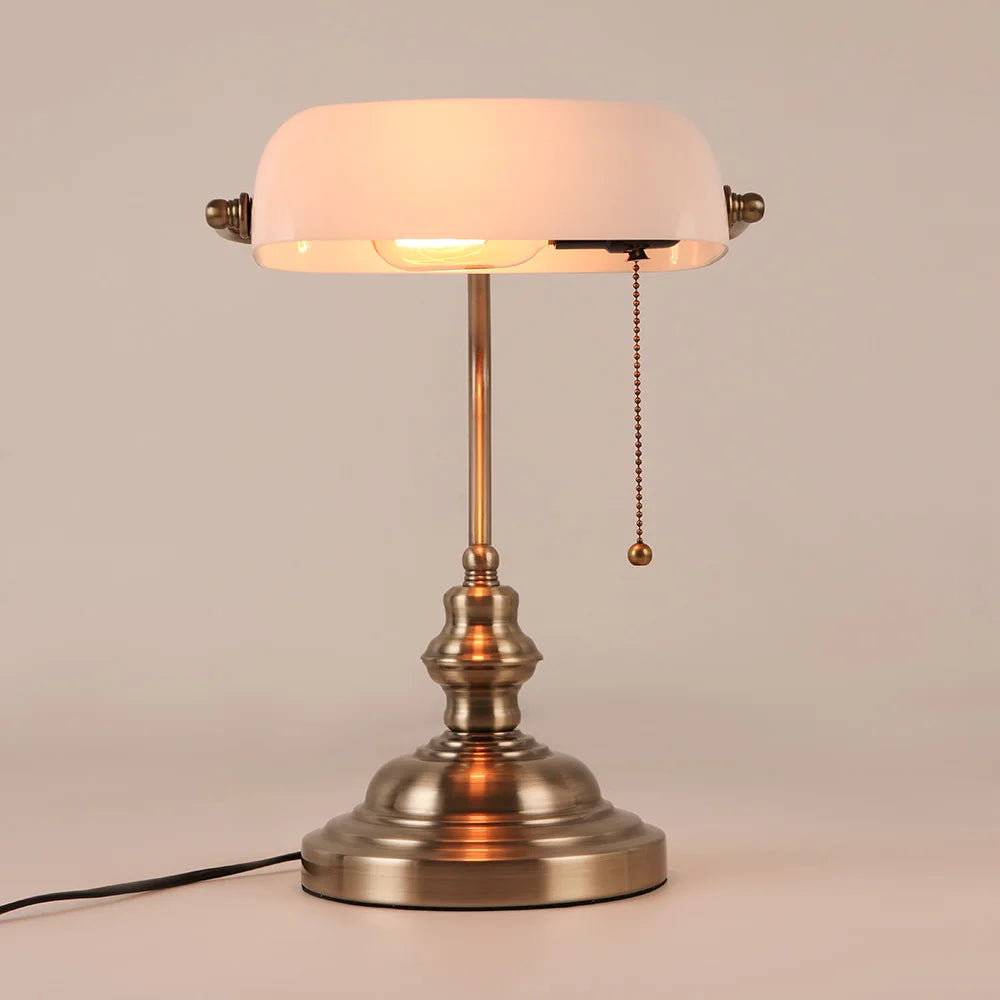 Vintage Glass Banker's Lamp with Zipper Switch