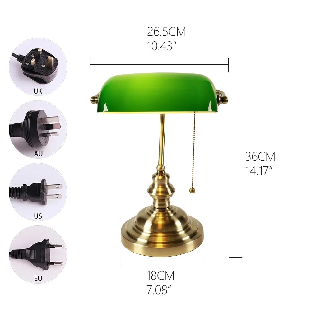 Vintage Glass Banker's Lamp with Zipper Switch