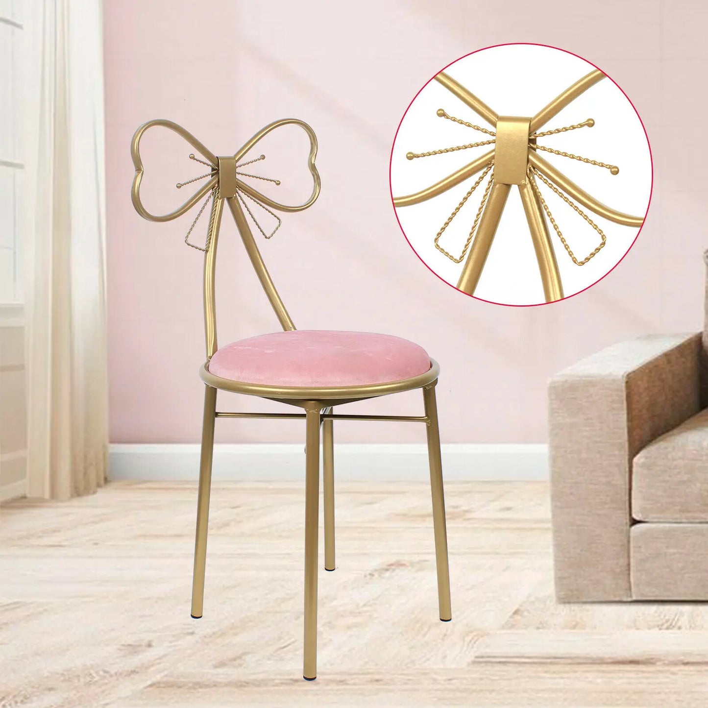 Pink Velvet Butterfly Vanity Chair with Golden Metal Legs