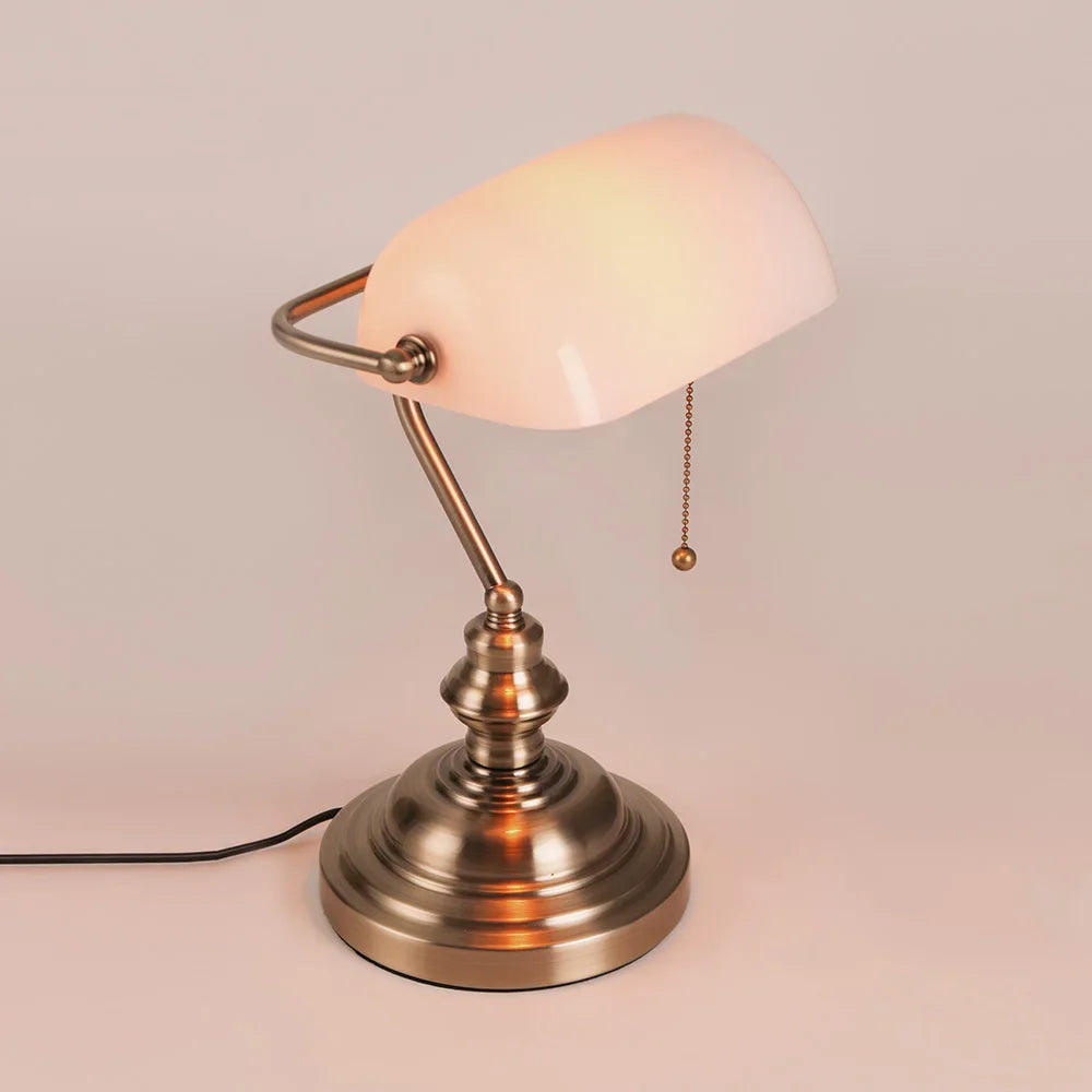 Vintage Glass Banker's Lamp with Zipper Switch