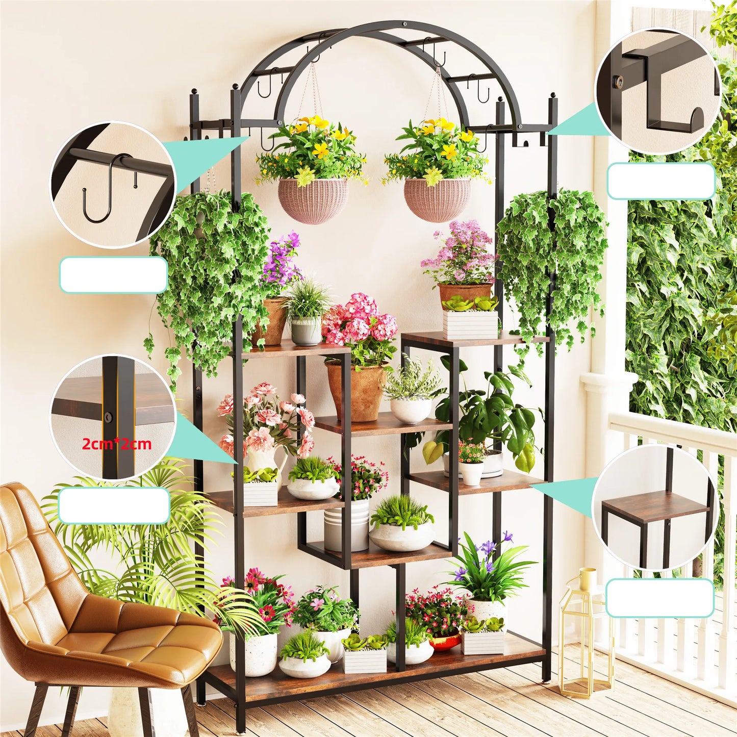 Metal Flower Shelf with Hanging Hooks Stand