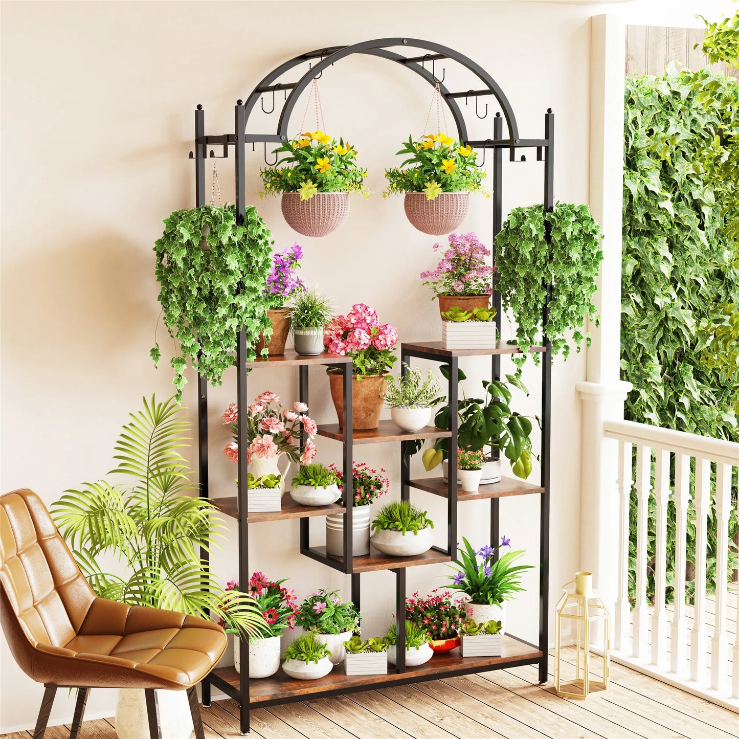 Metal Flower Shelf with Hanging Hooks Stand